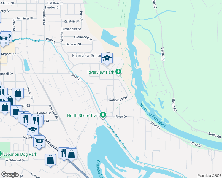 map of restaurants, bars, coffee shops, grocery stores, and more near 2339 Kokanee Way in Lebanon