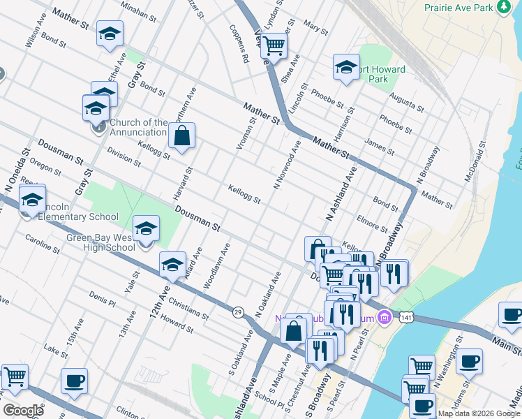 map of restaurants, bars, coffee shops, grocery stores, and more near 324 North Norwood Avenue in Green Bay
