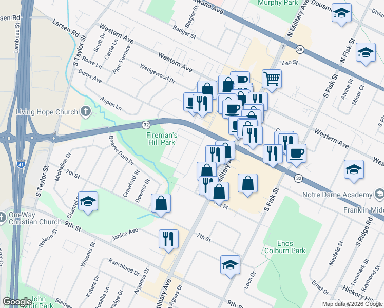 map of restaurants, bars, coffee shops, grocery stores, and more near 824 Mitchell Street in Green Bay
