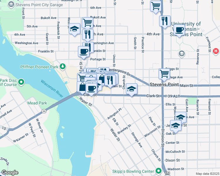 map of restaurants, bars, coffee shops, grocery stores, and more near 1153 Main Street in Stevens Point