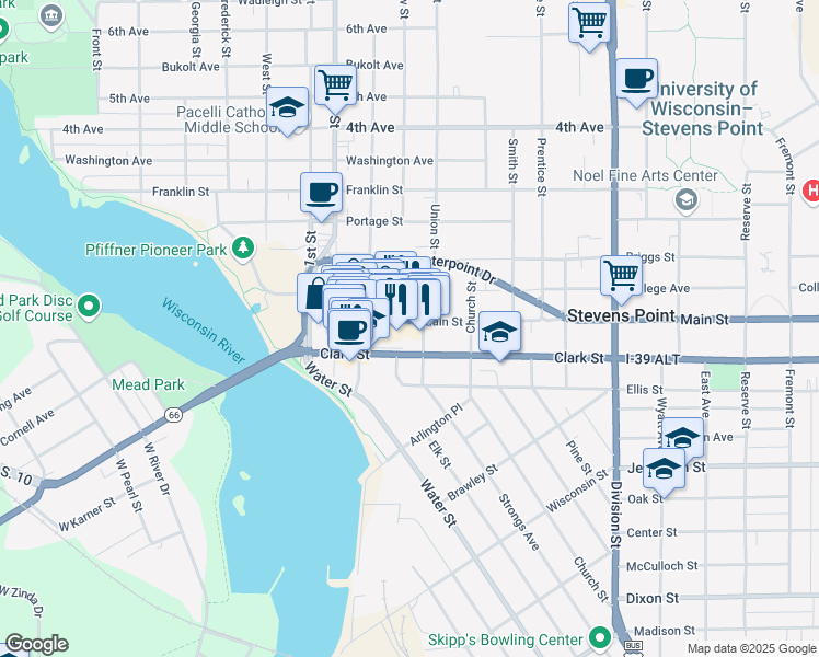 map of restaurants, bars, coffee shops, grocery stores, and more near 1132 Clark Street in Stevens Point