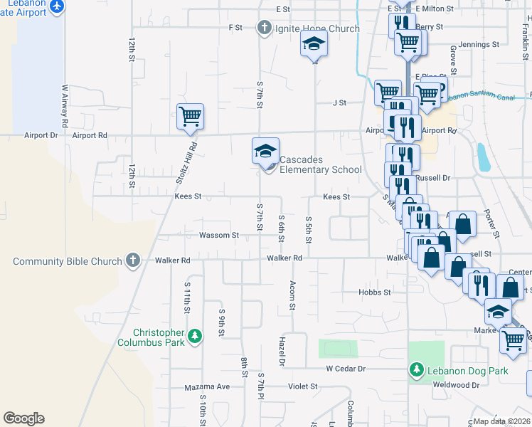 map of restaurants, bars, coffee shops, grocery stores, and more near 2469 South 7th Street in Lebanon