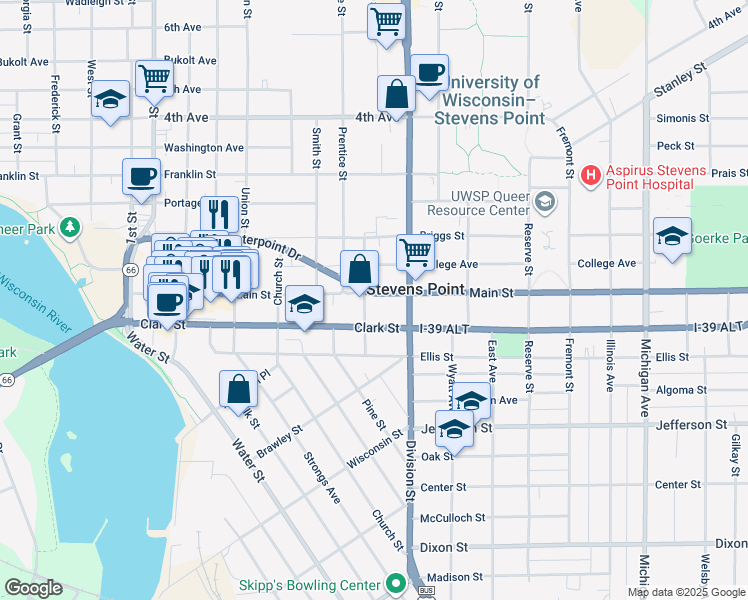 map of restaurants, bars, coffee shops, grocery stores, and more near 1617 Main Street in Stevens Point