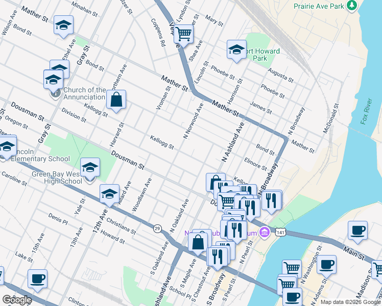 map of restaurants, bars, coffee shops, grocery stores, and more near 816 Kellogg Street in Green Bay