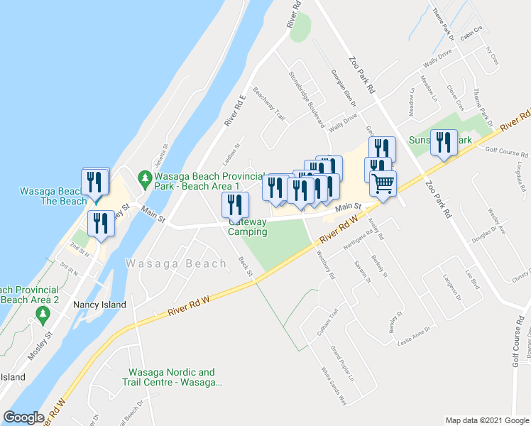 map of restaurants, bars, coffee shops, grocery stores, and more near 207 Main Street in Wasaga Beach