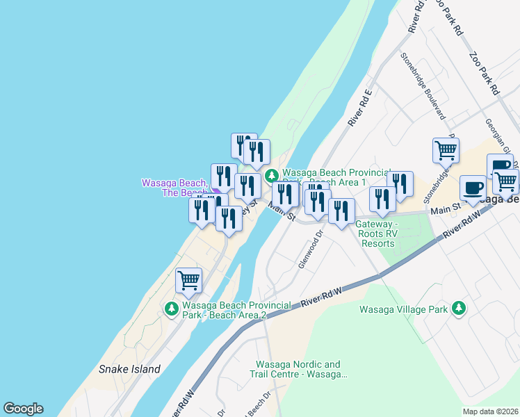 map of restaurants, bars, coffee shops, grocery stores, and more near 15 Willow Street in Wasaga Beach