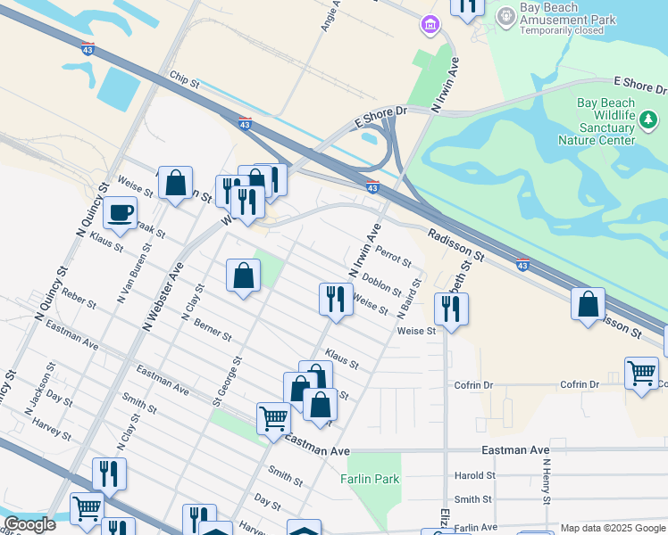 map of restaurants, bars, coffee shops, grocery stores, and more near 1253 Weise Street in Green Bay