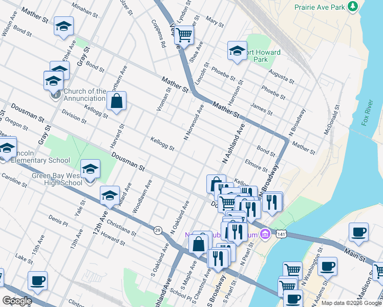 map of restaurants, bars, coffee shops, grocery stores, and more near 816 Kellogg Street in Green Bay