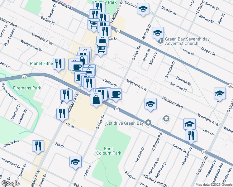 map of restaurants, bars, coffee shops, grocery stores, and more near 1458 Admiral Court in Green Bay