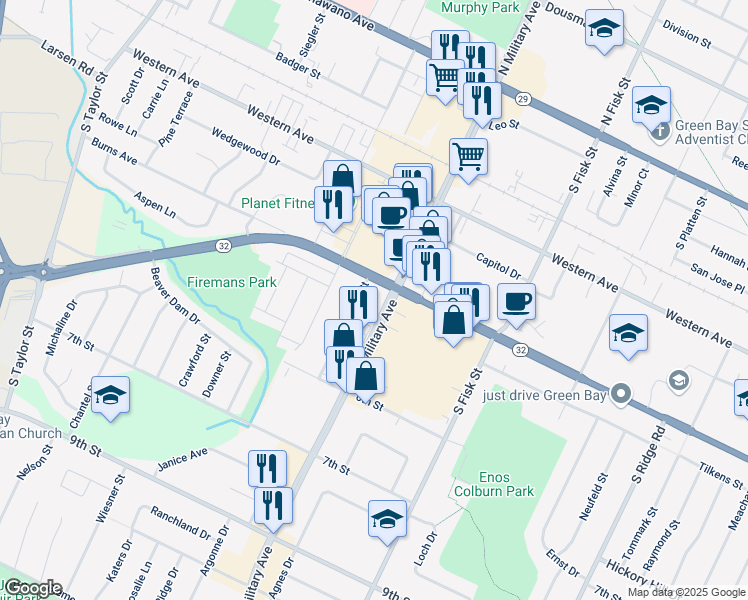 map of restaurants, bars, coffee shops, grocery stores, and more near 724 South Military Avenue in Green Bay