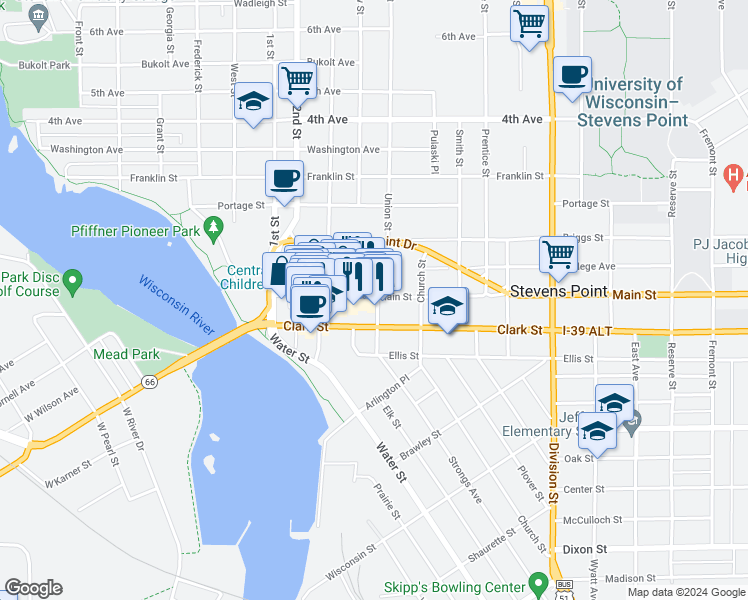 map of restaurants, bars, coffee shops, grocery stores, and more near 1153a Main Street in Stevens Point