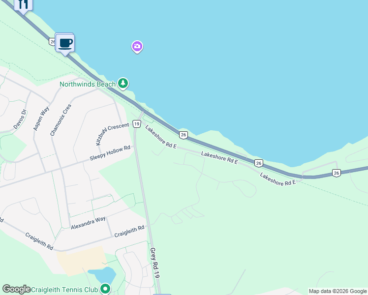 map of restaurants, bars, coffee shops, grocery stores, and more near 147 Lakeshore Road East in Grey County