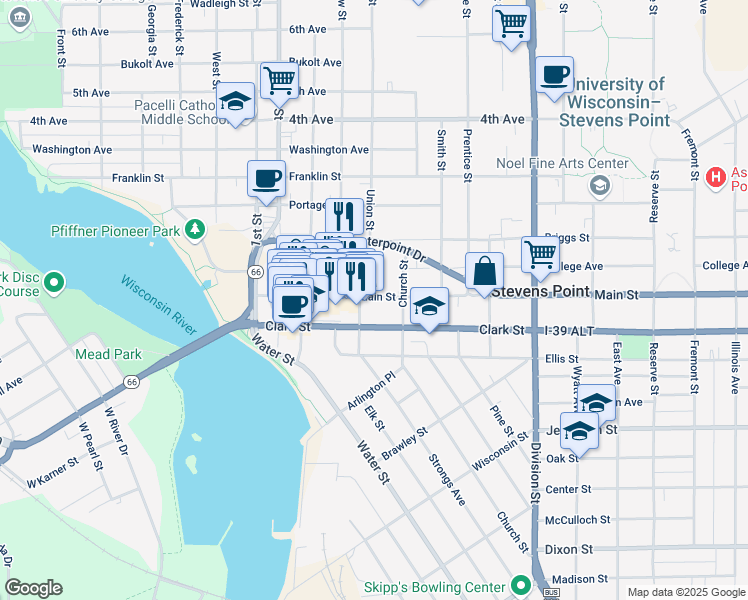 map of restaurants, bars, coffee shops, grocery stores, and more near 1140 Main Street in Stevens Point