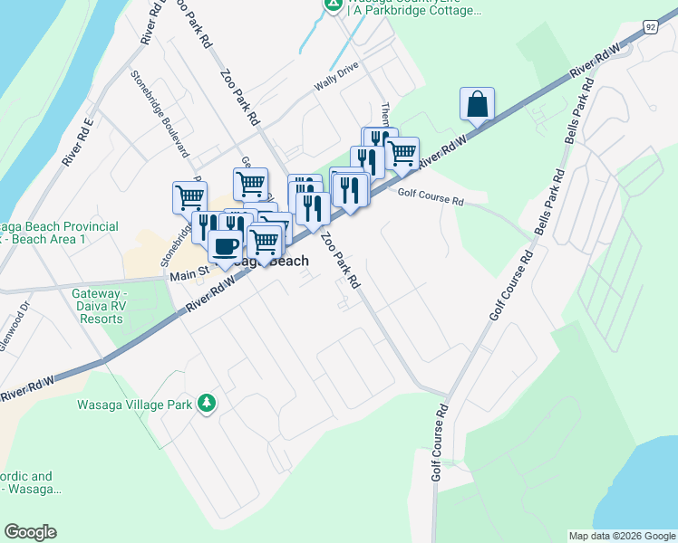map of restaurants, bars, coffee shops, grocery stores, and more near 372 Zoo Park Road in Wasaga Beach