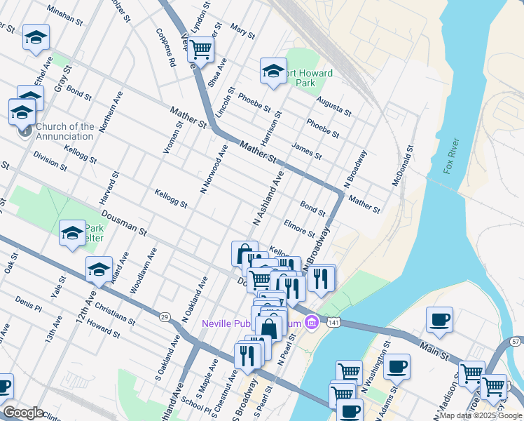 map of restaurants, bars, coffee shops, grocery stores, and more near 698 Elmore Street in Green Bay