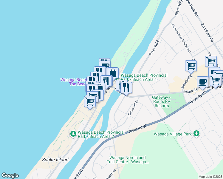 map of restaurants, bars, coffee shops, grocery stores, and more near 15 Willow Street in Wasaga Beach