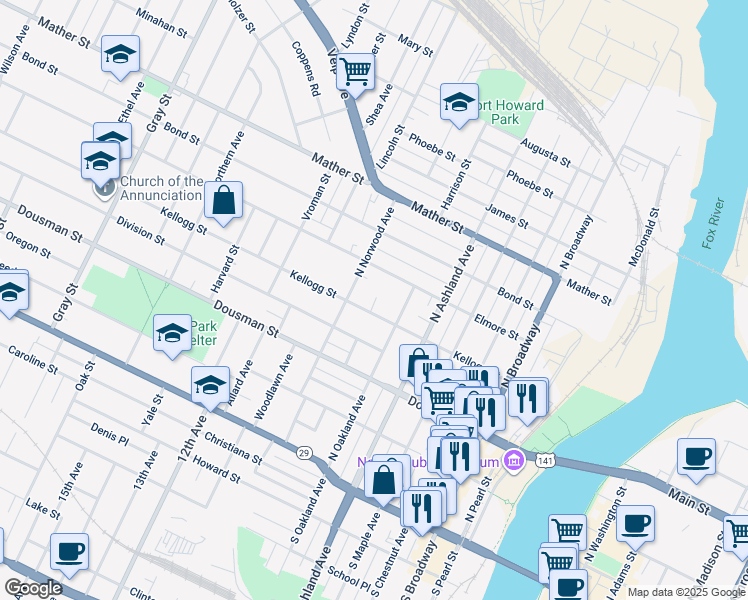 map of restaurants, bars, coffee shops, grocery stores, and more near 816 Kellogg Street in Green Bay
