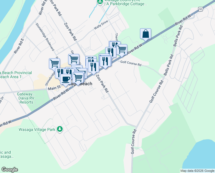 map of restaurants, bars, coffee shops, grocery stores, and more near 372 Zoo Park Road in Wasaga Beach