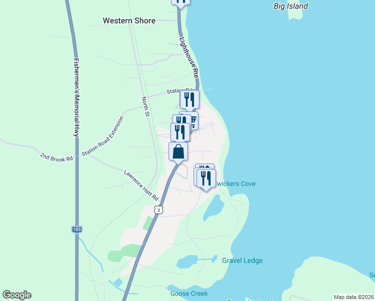 map of restaurants, bars, coffee shops, grocery stores, and more near in Western Shore