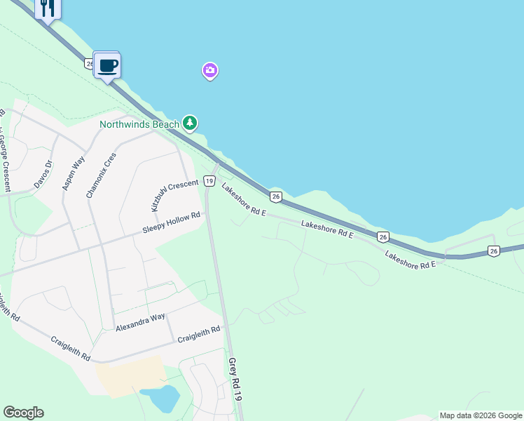 map of restaurants, bars, coffee shops, grocery stores, and more near 108 Schoolhouse Court in Grey County