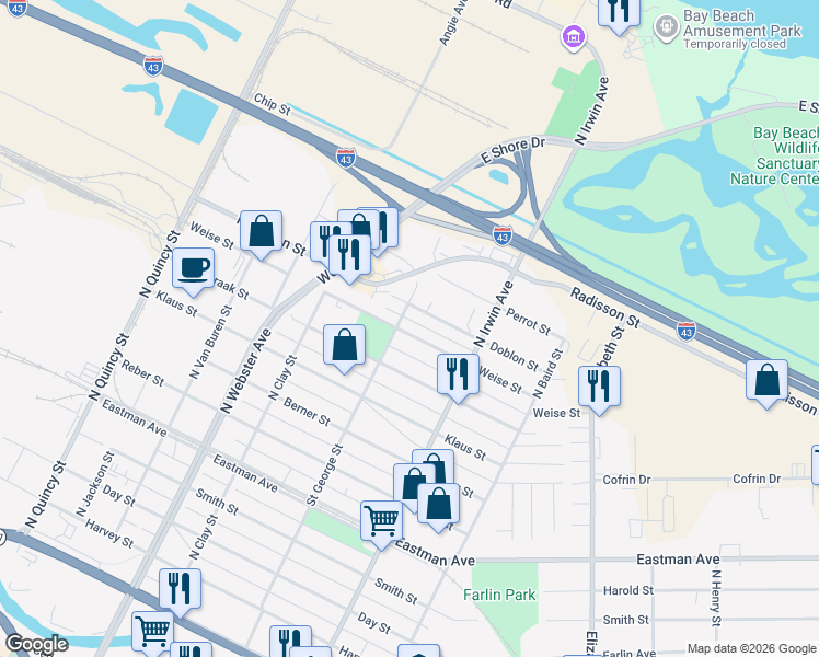 map of restaurants, bars, coffee shops, grocery stores, and more near 1214 Weise Street in Green Bay