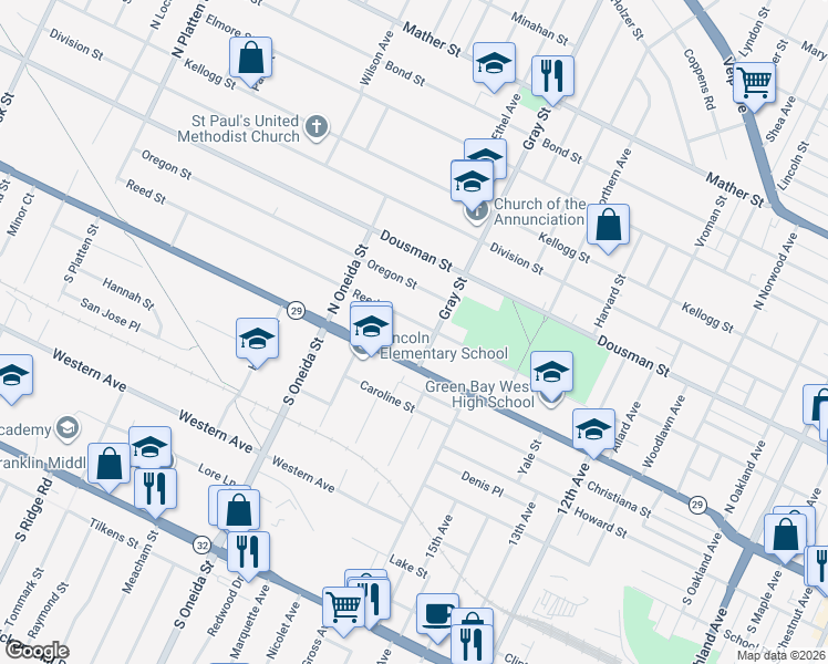 map of restaurants, bars, coffee shops, grocery stores, and more near 114 Gray Street in Green Bay