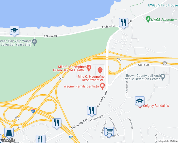 map of restaurants, bars, coffee shops, grocery stores, and more near 2851 University Avenue in Green Bay