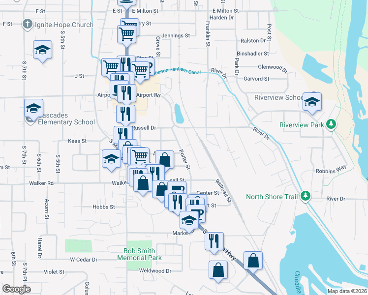 map of restaurants, bars, coffee shops, grocery stores, and more near 2410 Porter Street in Lebanon