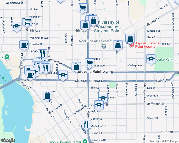 map of restaurants, bars, coffee shops, grocery stores, and more near  in Stevens Point