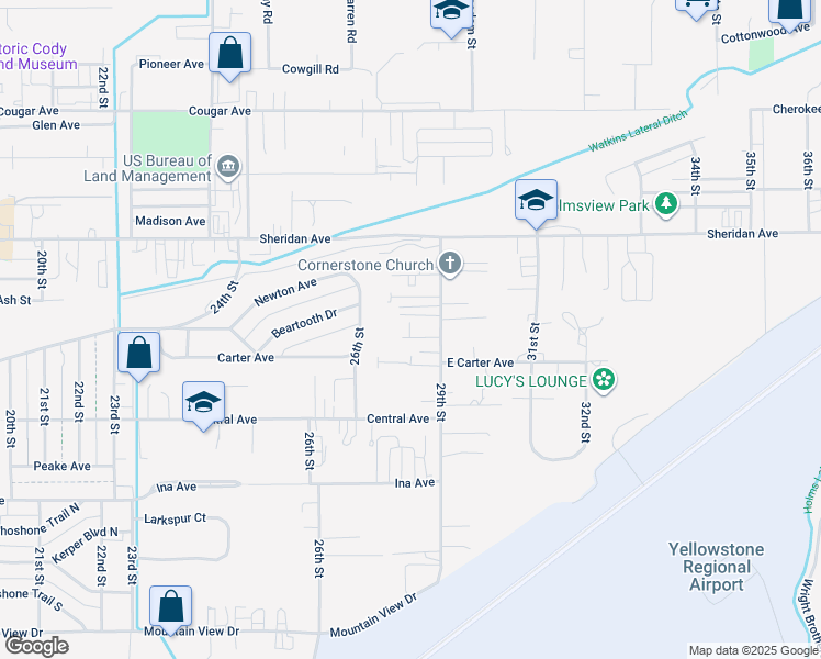 map of restaurants, bars, coffee shops, grocery stores, and more near 1405 29th Street in Cody