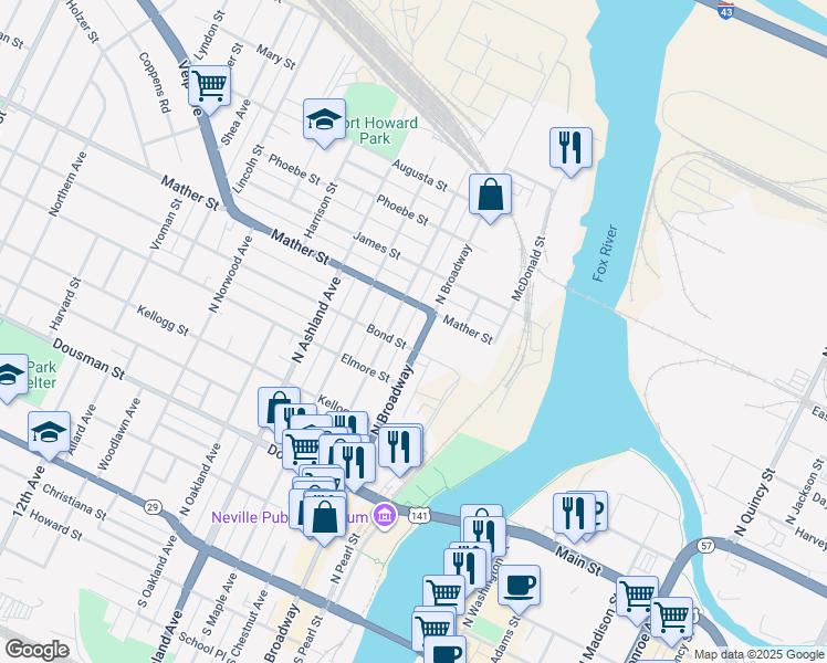 map of restaurants, bars, coffee shops, grocery stores, and more near 300 Bond Street in Green Bay