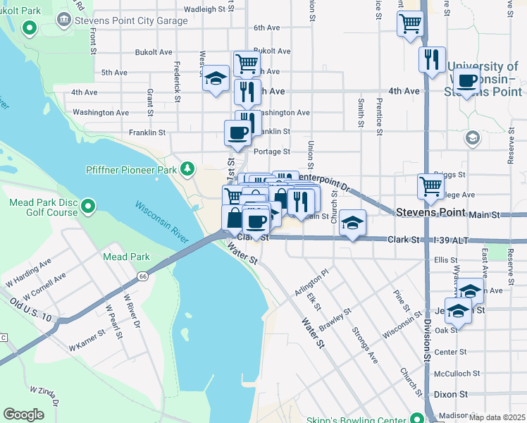 map of restaurants, bars, coffee shops, grocery stores, and more near 956 Main Street in Stevens Point