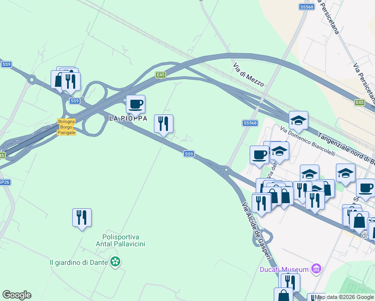 map of restaurants, bars, coffee shops, grocery stores, and more near 203/13 Via Marco Emilio Lepido in Bologna