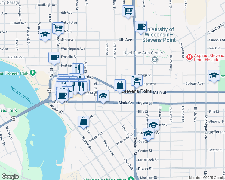 map of restaurants, bars, coffee shops, grocery stores, and more near 1416 Main Street in Stevens Point