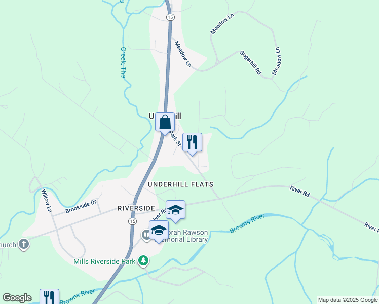 map of restaurants, bars, coffee shops, grocery stores, and more near 20 Park Street in Underhill