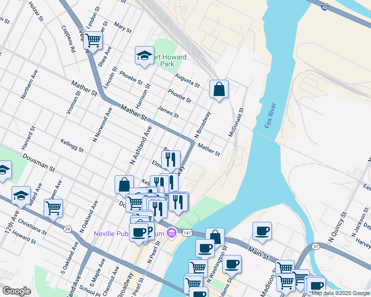 map of restaurants, bars, coffee shops, grocery stores, and more near 300 Bond Street in Green Bay