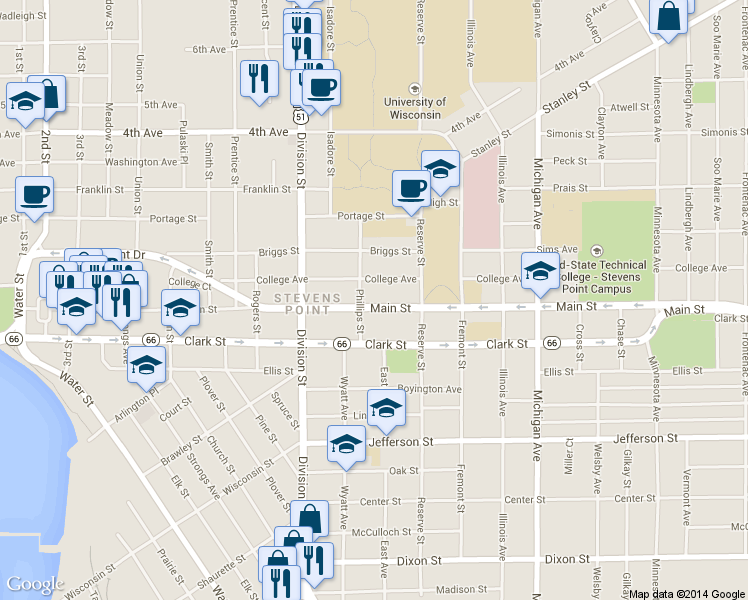 map of restaurants, bars, coffee shops, grocery stores, and more near 1916 Main Street in Stevens Point
