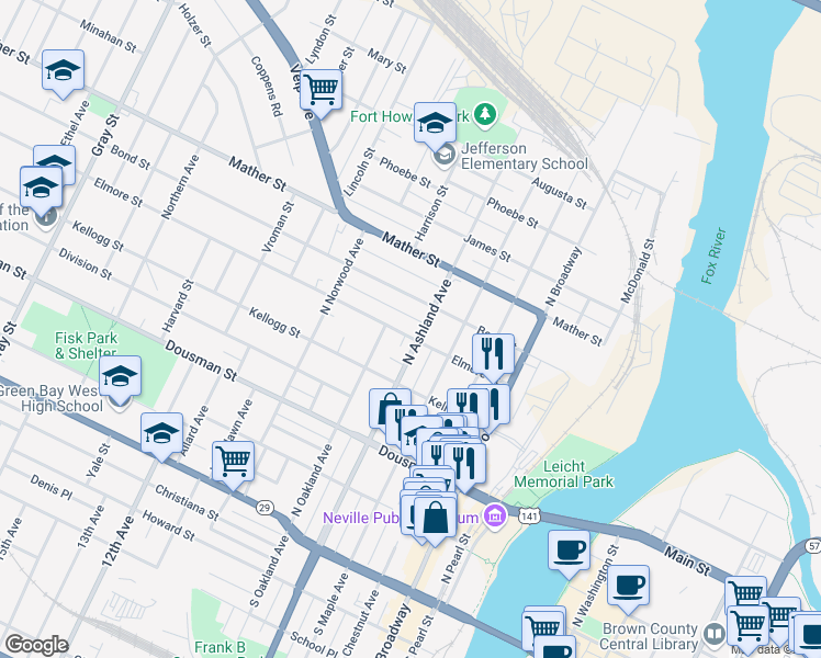 map of restaurants, bars, coffee shops, grocery stores, and more near 706 Elmore Street in Green Bay