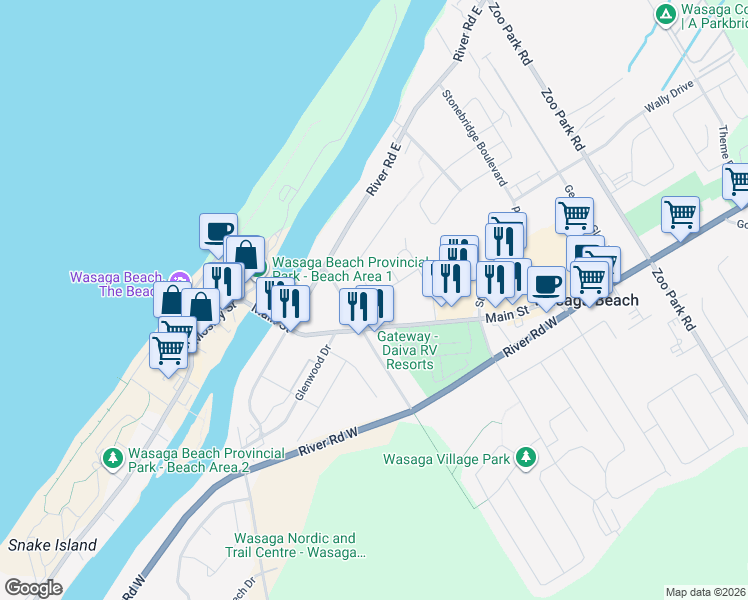 map of restaurants, bars, coffee shops, grocery stores, and more near 30 Elm Drive in Wasaga Beach