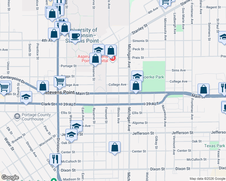 map of restaurants, bars, coffee shops, grocery stores, and more near 2258 College Avenue in Stevens Point
