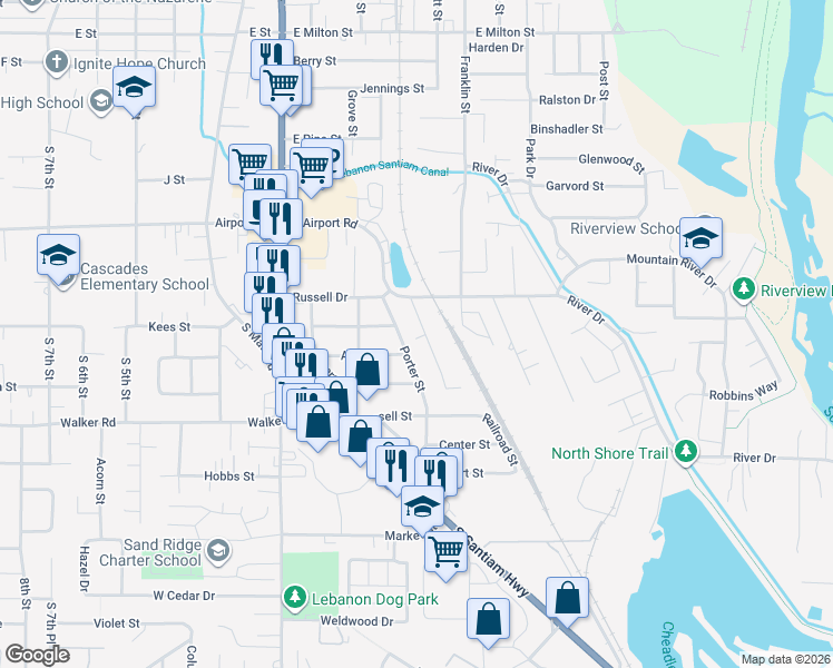 map of restaurants, bars, coffee shops, grocery stores, and more near 310 Russell Drive in Lebanon