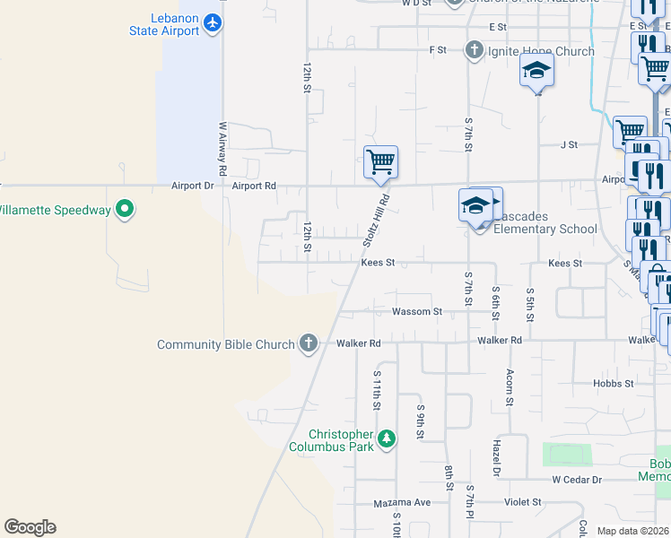 map of restaurants, bars, coffee shops, grocery stores, and more near 1048 Kees Street in Lebanon