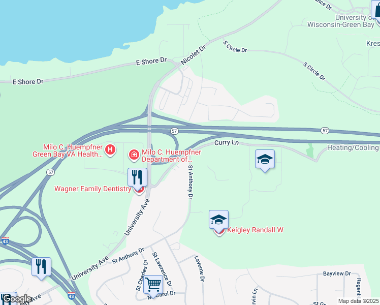 map of restaurants, bars, coffee shops, grocery stores, and more near 2901 Curry Lane in Green Bay