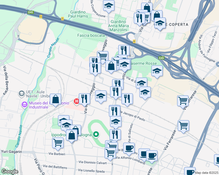 map of restaurants, bars, coffee shops, grocery stores, and more near 9 Via Francesca Edera de Giovanni in Bologna