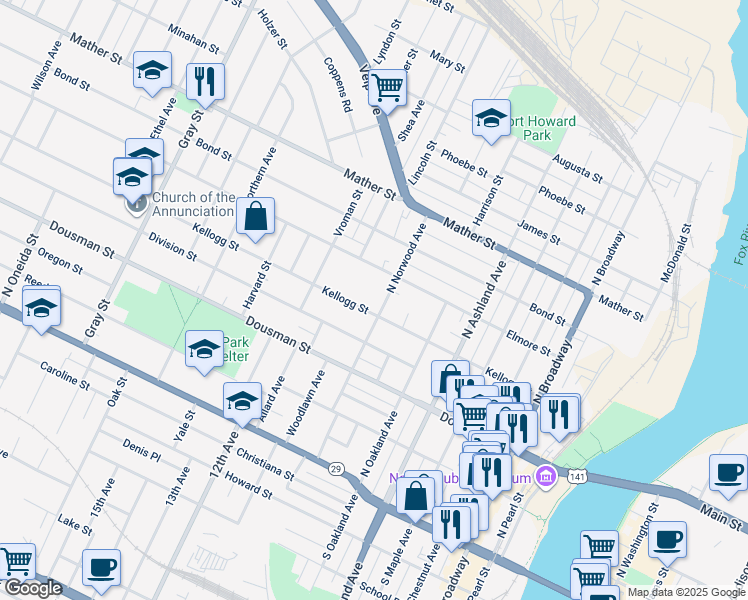 map of restaurants, bars, coffee shops, grocery stores, and more near 859 Elmore Street in Green Bay