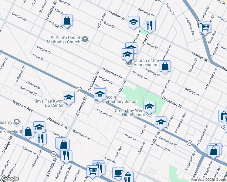 map of restaurants, bars, coffee shops, grocery stores, and more near 1090 Reed Street in Green Bay
