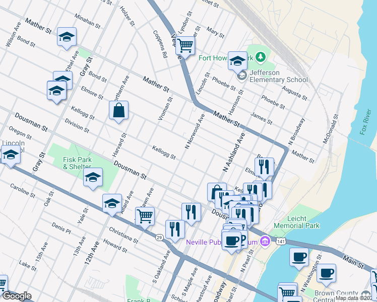 map of restaurants, bars, coffee shops, grocery stores, and more near 830 Elmore Street in Green Bay