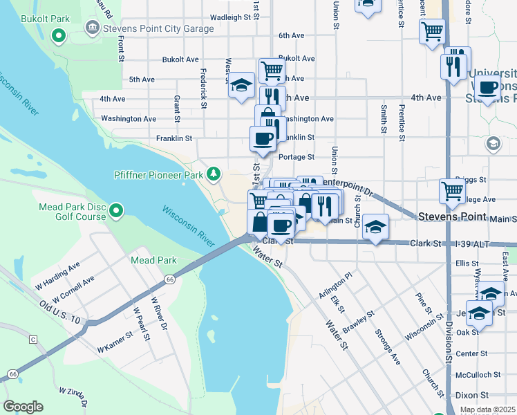 map of restaurants, bars, coffee shops, grocery stores, and more near 1001 Center Point Drive in Stevens Point