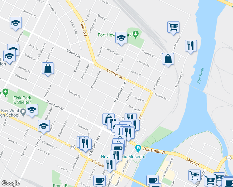 map of restaurants, bars, coffee shops, grocery stores, and more near 707 Bond Street in Green Bay