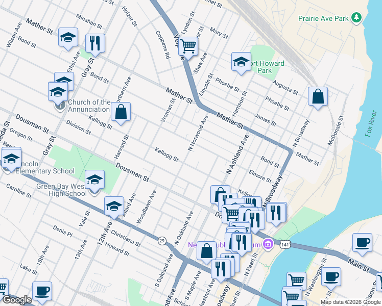 map of restaurants, bars, coffee shops, grocery stores, and more near 830 Elmore Street in Green Bay